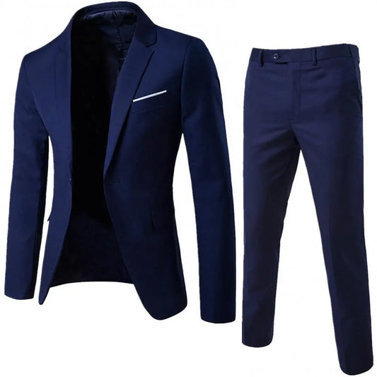 2Pcs/Set Plus Size Men Suits Solid Color Long Sleeve Lapel Slim Button Business Suit Men Autumn Solid Slim Wedding Blazer Sets
