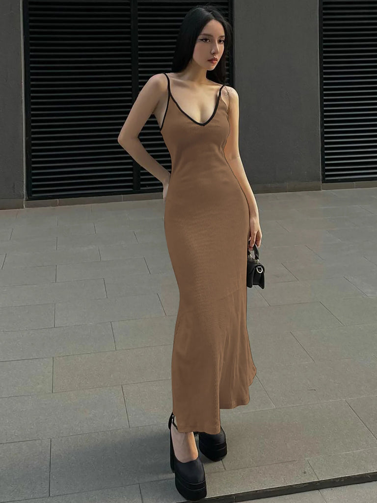 Hugcitar Ribbed Elegant Matching Color V Neck Slip Backless Sexy Slim Maxi Dress 2025 Spring Y2K Clothes Party Beach Festival