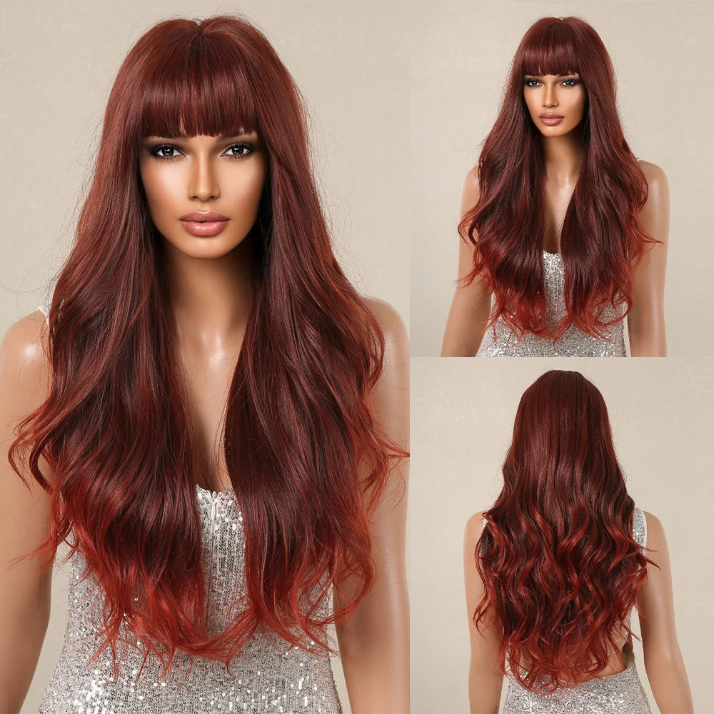 Ash Blonde Ombre Pink Long Wavy Wig Synthetic Natural Wave Wigs with Bangs Halloween Cosplay Party Wig for Women Heat Resistant