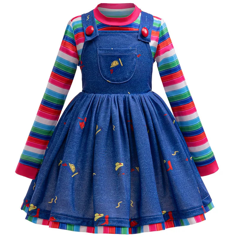 Creepy Chucky Costume Set For Kids Girls Killer Doll Outfit Striped Tops With Dress For Halloween Birthday Party Carnival Outfit