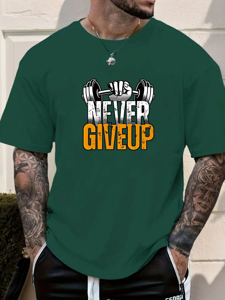 Gym T-shirt 2025 Summer Essential Men's Comfy Everyday Trendy Never Give Up Barbell Print 100% Cotton Short Sleeve Casual Top