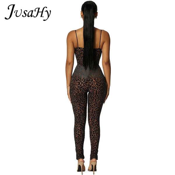 JuSaHy Leopard Print Flocking Jumpsuit for Women Fashion Sleeveless Backless Body-Shaping Casual High Streetwear Female Outfits