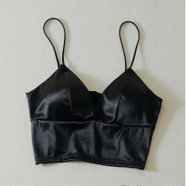 Sexy Satin Crop Tops Women Wireless Bralette Crochet Top Female Spaghetti Strap T-shirt Cropped With Chest Padded Camisole