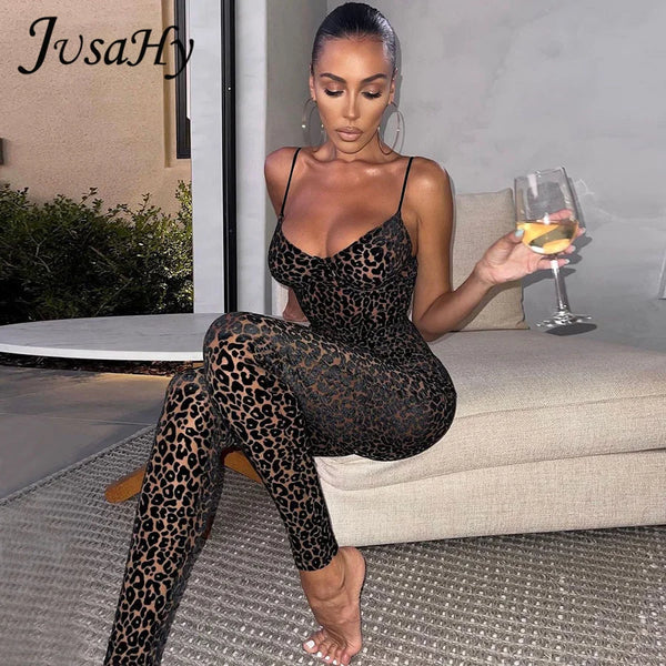 JuSaHy Leopard Print Flocking Jumpsuit for Women Fashion Sleeveless Backless Body-Shaping Casual High Streetwear Female Outfits