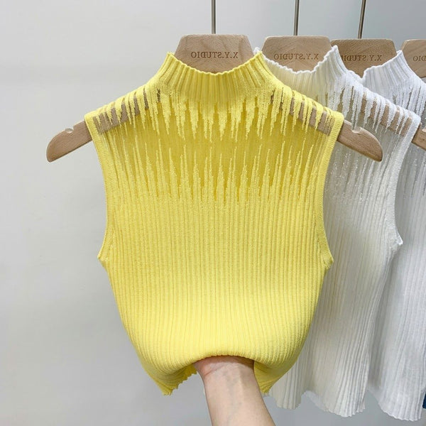 New Style Sleeveless Knit Top for Women, Summer Thin Style with a High-End Feel, Elegant Collar, Vacation Casual Top, Direct Cross-Border Supply