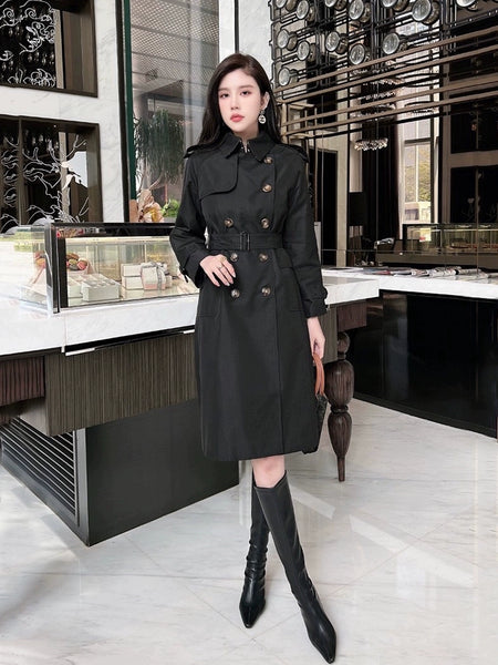 European Station Counter 2024 Spring and Autumn British Style Accessible Luxury Design Elegant Double Breasted Mid Length Long Length Trench Coat Women's Coat