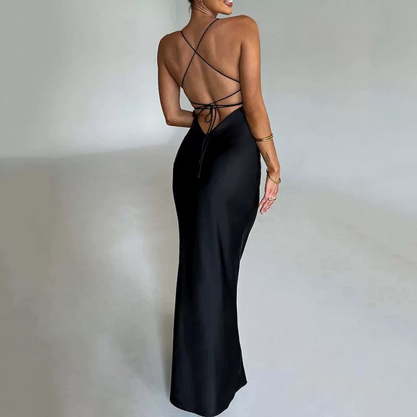 Transition Sexy Zone Classy Silky Satin Open Back over the Knee Mop Dress Star Red Carpet Fishtail Dress Black