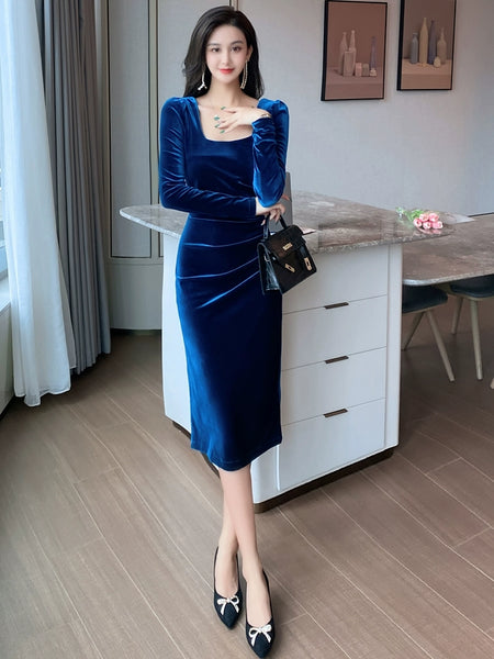 Pleated Autumn Clothing Elegant Gold Velvet Inner Wear Dress