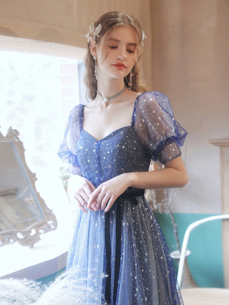 Limited Time Special Offer Blue Puff Sleeve Birthday Banquet Wedding Dress