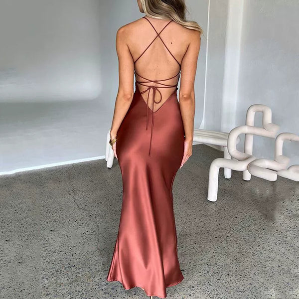 Transition Sexy Zone Classy Silky Satin Open Back over the Knee Mop Dress Star Red Carpet Fishtail Dress Black