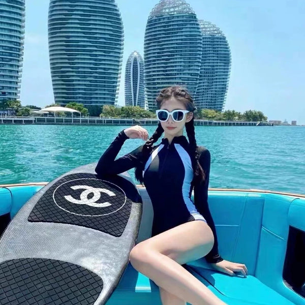 Swimsuit Women's South Korea Ins Long Sleeves Sun Protection Siamese Conservative Thin Holiday Hot Spring Professional Surfing Suit Diving Suit