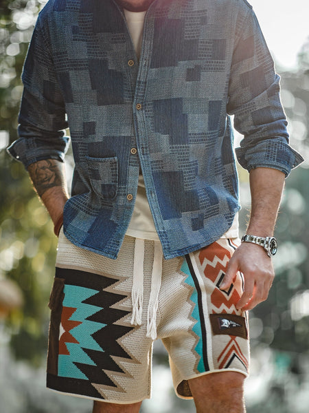 Madden Retro Navajo Knitting Shorts Contrast Color Overalls