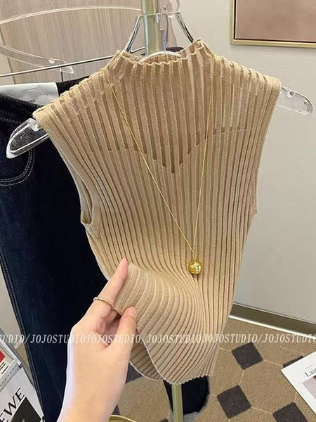 New Style Sleeveless Knit Top for Women, Summer Thin Style with a High-End Feel, Elegant Collar, Vacation Casual Top, Direct Cross-Border Supply