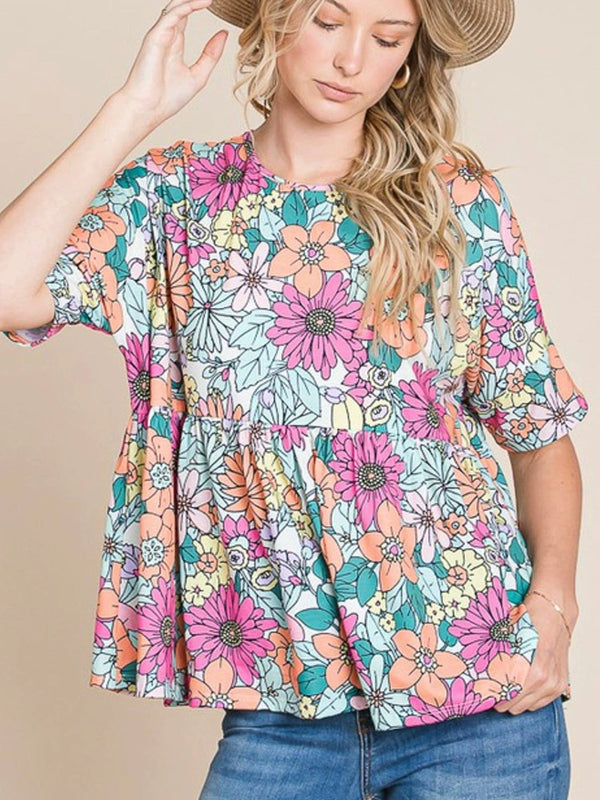 2024 Summer New Arrival Short Sleeve Floral T-shirt Women's Fashion Style Casual round Neck Women's Short Half Sleeve Pullover