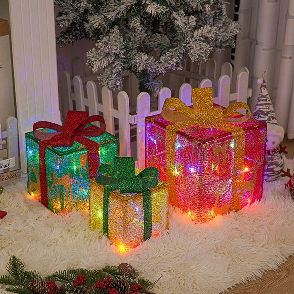 New Arrival Christmas Gift Box 3-Piece Set Foldable Christmas Gift Box Luminous Christmas Gift Box Holiday Lights Decoration Ornaments