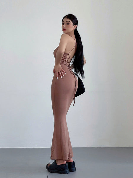 Liviahome American Style Sexy Lace-up Backless Slip Dress Long Dress Women's Sexy Slim Fit Slimming Sheath Mermaid Dress