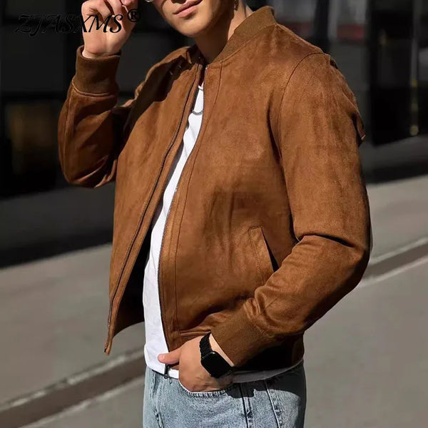 2024 Autumn Retro Suede Solid Color Men's Jacket Casual Zipper Pocket Top Male Coat Winter Long Sleeve Streetwear Men's Clothing