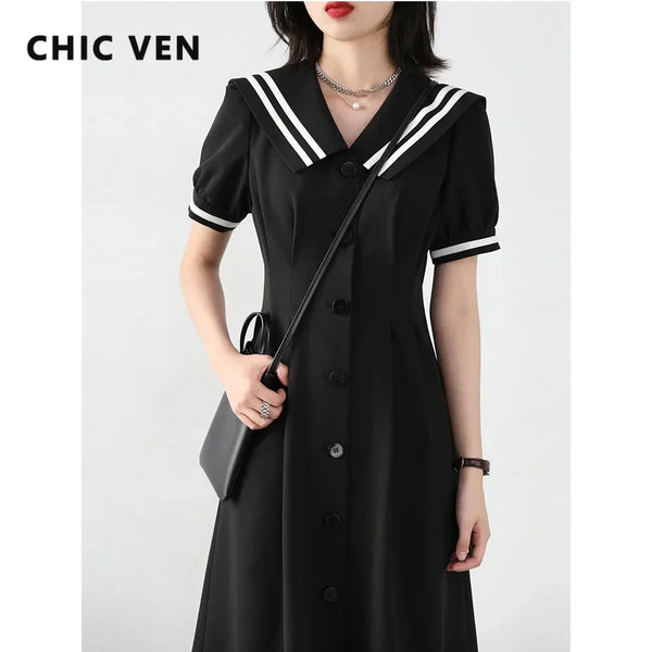 CHIC VEN Korean Women Dresses Black Short Sleeve Navy Collar Dress for Woman Office Lady Female Party College Summer 2025