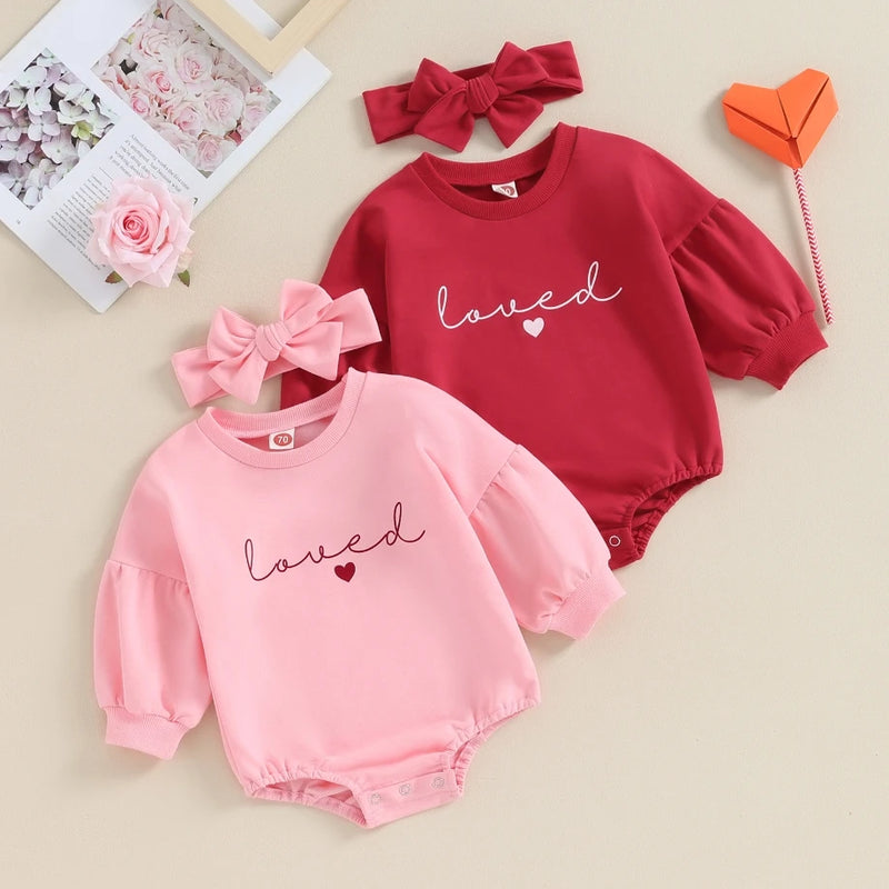 Baby Girl Valentine's Day Outfits Ruffle Bubble Long Sleeve Heart Print Sweatshirt Romper with Headband Set Baby Bodysuits