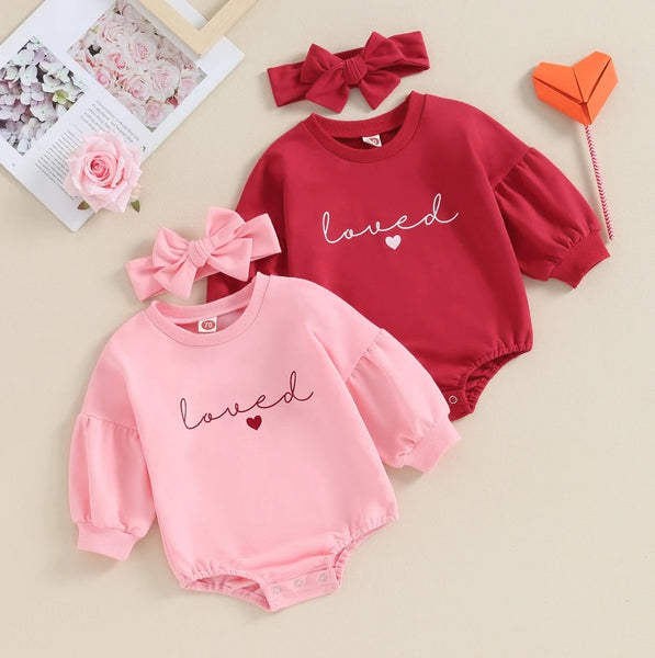 Baby Girl Valentine's Day Outfits Ruffle Bubble Long Sleeve Heart Print Sweatshirt Romper with Headband Set Baby Bodysuits