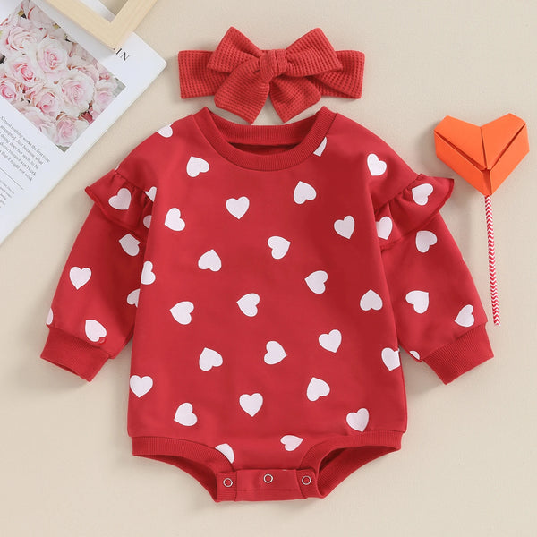 Baby Girl Valentine's Day Outfits Ruffle Bubble Long Sleeve Heart Print Sweatshirt Romper with Headband Set Baby Bodysuits