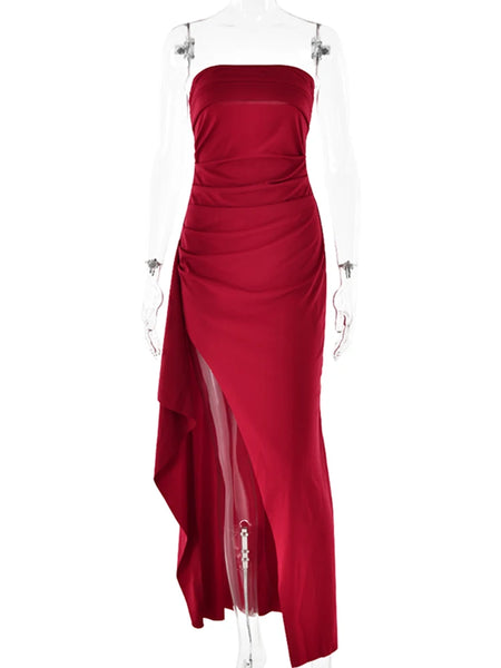 Mozision Strapless Backless High Split Maxi Dress Women Fashion Off-shoulder Sleeveless Bodycon Club Party Long Dress Elegant