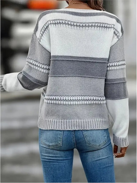 Casual V-neck Tops Color Blocked Sweater Long Sleeve Knitted Sweater Autumn Winter Clothing Commuting Ropa De Mujer Pullover