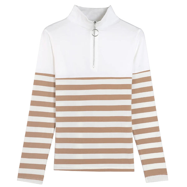 2024Women's Shirt Fashion Top LongSleeve T-shirt Spring and Autumn New Style High end Fashion Polo Collar Stripe Slimming Casual