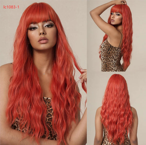 Ash Blonde Ombre Pink Long Wavy Wig Synthetic Natural Wave Wigs with Bangs Halloween Cosplay Party Wig for Women Heat Resistant