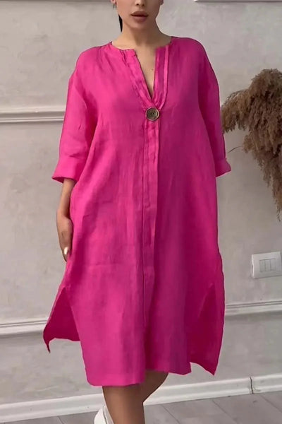 Loose V-neck Two Side Slit Pullover Dress 2024 Women's New Cotton And Linen Solid Color Casual Long-Sleeved Button Maxi Dress