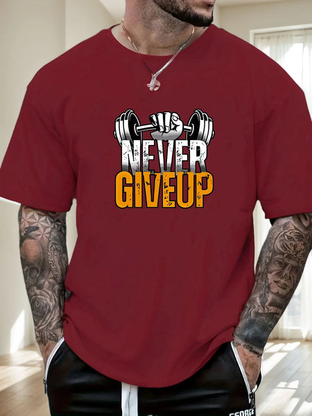 Gym T-shirt 2025 Summer Essential Men's Comfy Everyday Trendy Never Give Up Barbell Print 100% Cotton Short Sleeve Casual Top