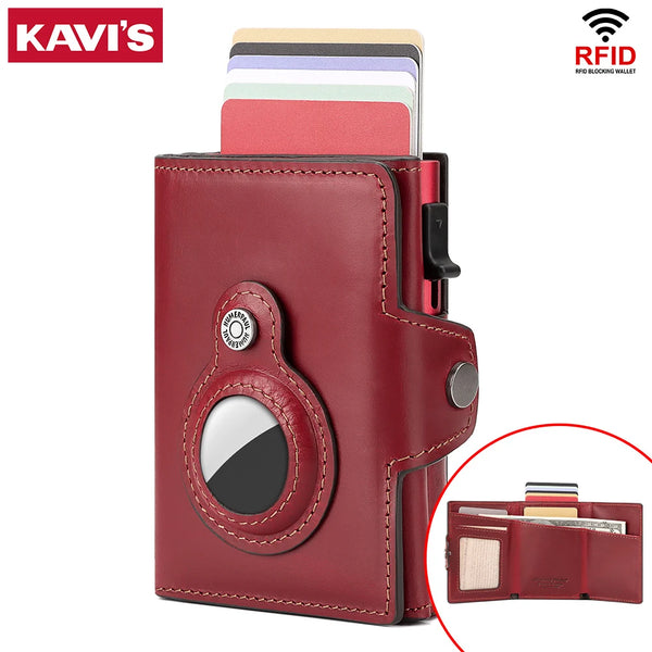 Anti-scan Magnet Credit Card Holder Wallet Genuine Leather Automatic Pop Out Aluminum Smart Wallets Luxury AirTag Purse Set