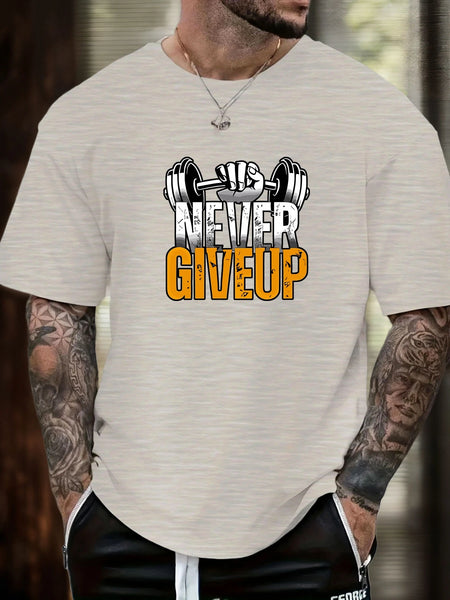 Gym T-shirt 2025 Summer Essential Men's Comfy Everyday Trendy Never Give Up Barbell Print 100% Cotton Short Sleeve Casual Top