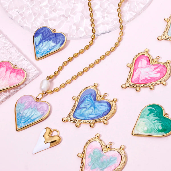 DoreenBeads 304 Stainless Steel Valentine's Day Pendants Gold Color Heart Enamel Charms For DIY Necklace Jewelry Making, 1 Piece