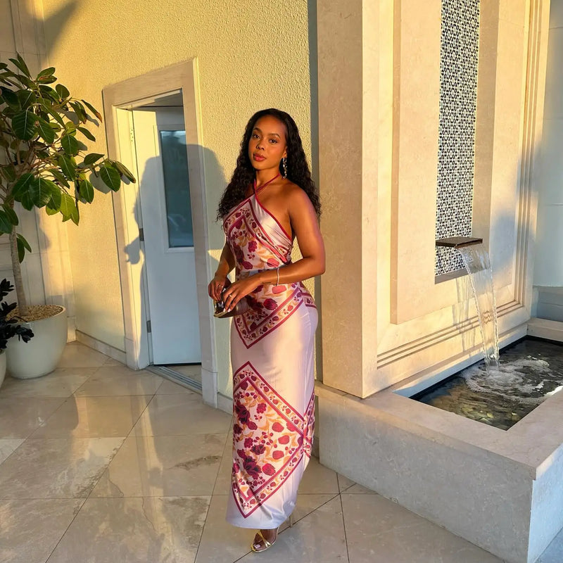 Chic Elegant Satin Dress Floral Print Slim Bodycon Women Dresses Evening Party Wedding Guest Summer Streetwear