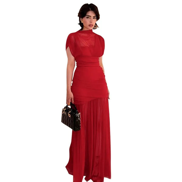 Chic Red Pleated Evening Party Long Dresses Slim Sleeveless Pleat Patchwork A-line Maxi Party Dresses 2025 Summer Lady Robes
