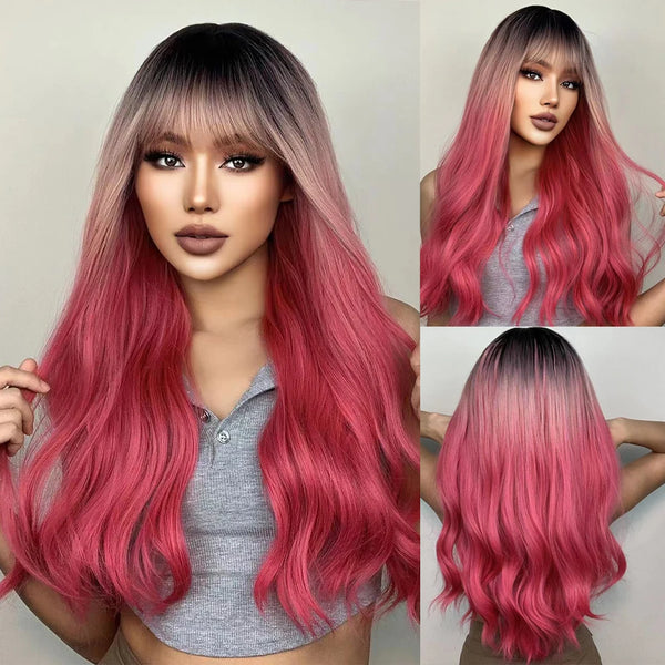 Ash Blonde Ombre Pink Long Wavy Wig Synthetic Natural Wave Wigs with Bangs Halloween Cosplay Party Wig for Women Heat Resistant