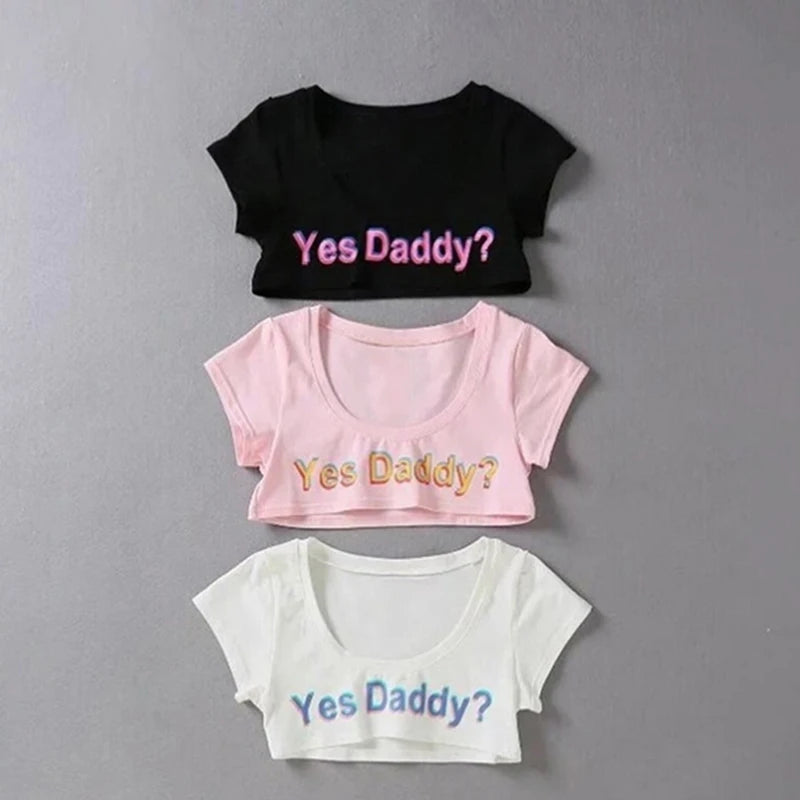 Women Letter Print Short Sleeve Yes Daddy Short Top Sleeve Crop Running T Shirt