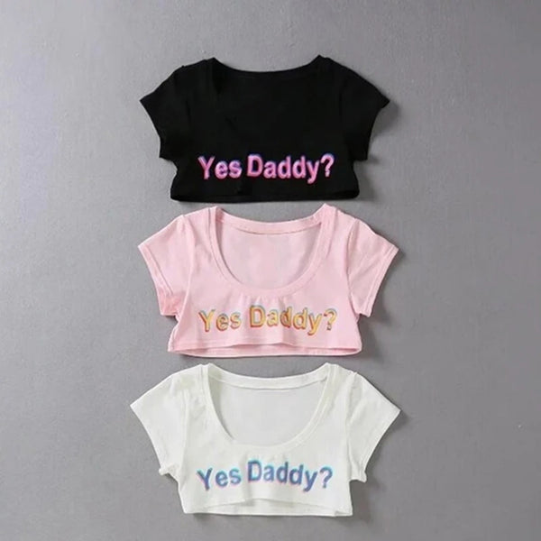 Women Letter Print Short Sleeve Yes Daddy Short Top Sleeve Crop Running T Shirt