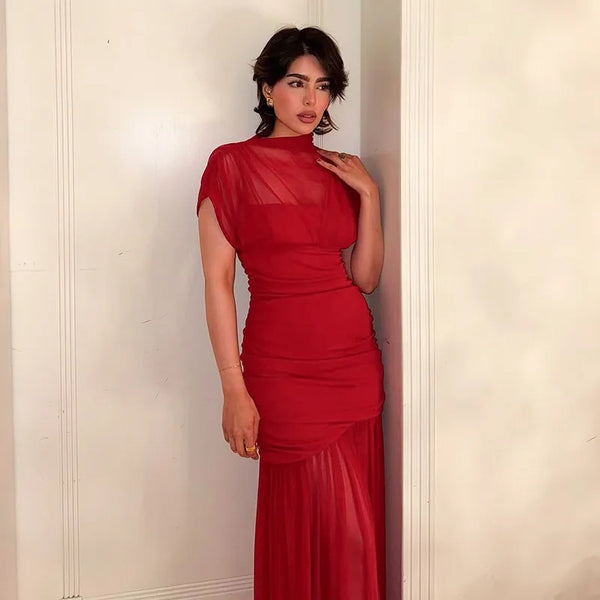 Chic Red Pleated Evening Party Long Dresses Slim Sleeveless Pleat Patchwork A-line Maxi Party Dresses 2025 Summer Lady Robes