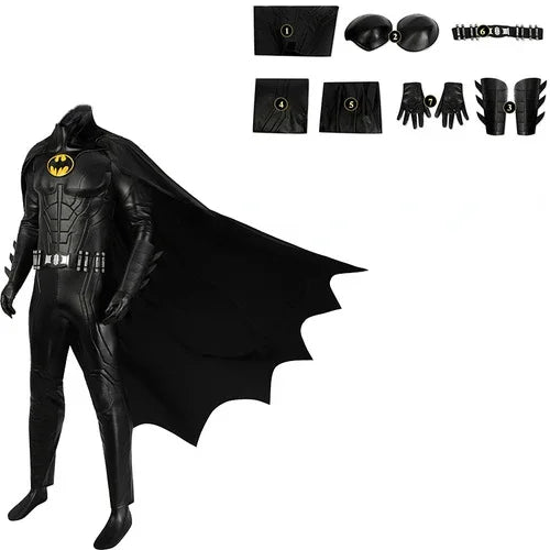 Michael Keaton Superhero Bat Bruce Wayne Cosplay Costume Hero Armor Outfit With Cowl Black Leather Jumpsuit Boots Halloween Suit