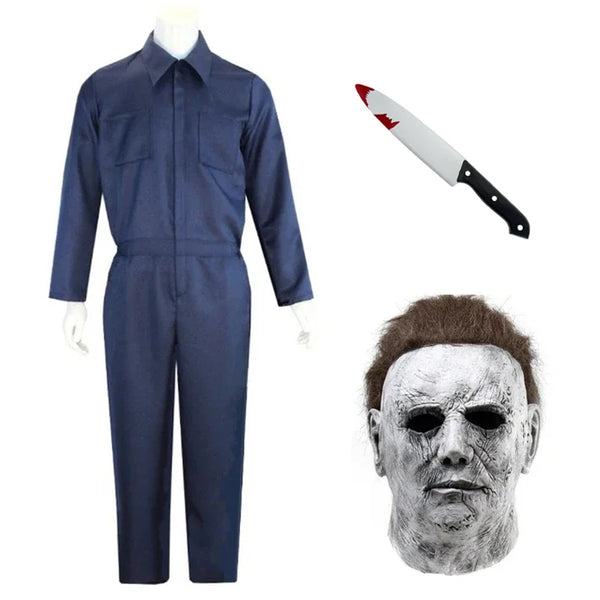 Michael Myers Cosplay Costume Michael Outfits Anime Bloody Killer Cos Jumpsuit Horror Mask Halloween Party Costume for Men Women