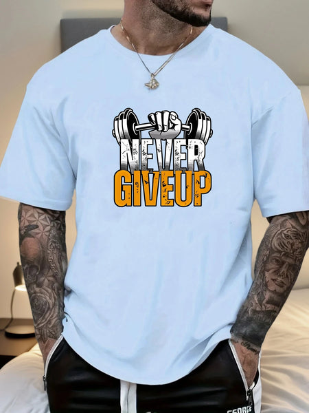 Gym T-shirt 2025 Summer Essential Men's Comfy Everyday Trendy Never Give Up Barbell Print 100% Cotton Short Sleeve Casual Top