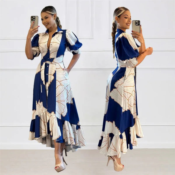 New irregular high waisted shirt style cardigan printed long dress with elegant commuting style