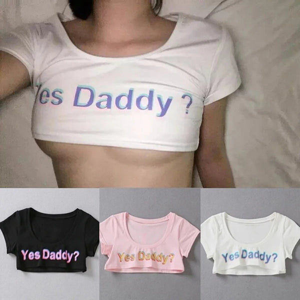 Women Letter Print Short Sleeve Yes Daddy Short Top Sleeve Crop Running T Shirt