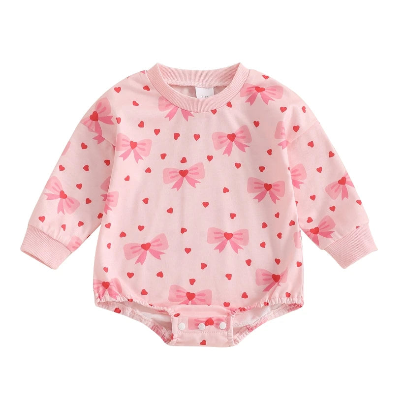 Baby Girl Valentine's Day Outfits Ruffle Bubble Long Sleeve Heart Print Sweatshirt Romper with Headband Set Baby Bodysuits