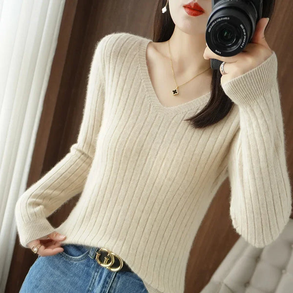 Women Sweater 2024 Autumn Winter Warm Basic Tops Casual V--neck Spring Bottoming Shirts Long Sleeve Fashion Korean Knit Pullover