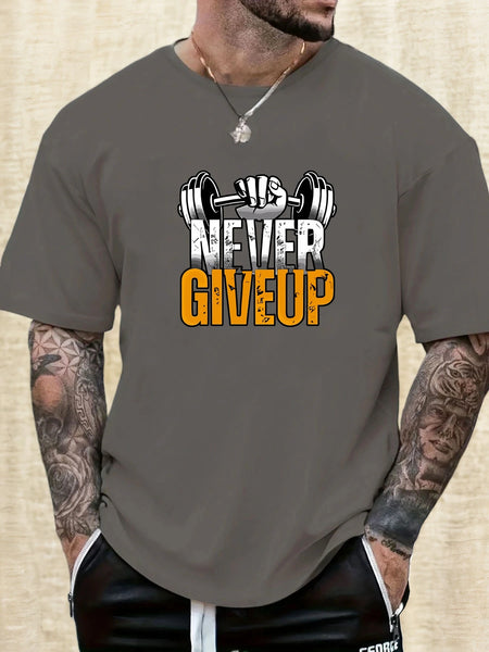 Gym T-shirt 2025 Summer Essential Men's Comfy Everyday Trendy Never Give Up Barbell Print 100% Cotton Short Sleeve Casual Top