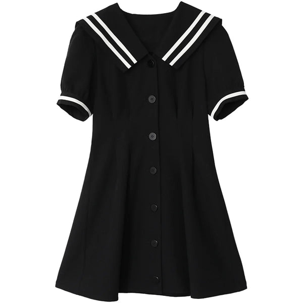 CHIC VEN Korean Women Dresses Black Short Sleeve Navy Collar Dress for Woman Office Lady Female Party College Summer 2025