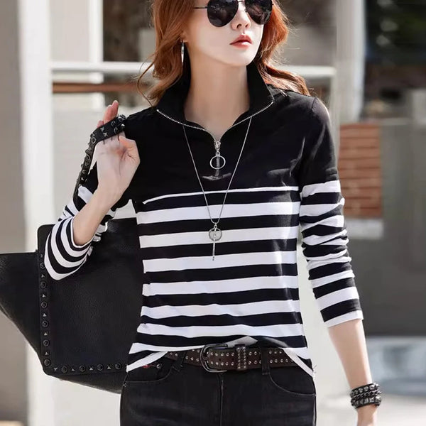 2024Women's Shirt Fashion Top LongSleeve T-shirt Spring and Autumn New Style High end Fashion Polo Collar Stripe Slimming Casual